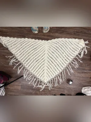 Cream Handmade Crochet Lacy Fringe Shall Scarf Wrap Boho Open Knit Cottagecore thumbnail 2
