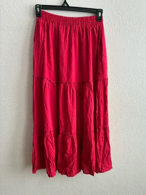 Tiered Pockets Solid Red Color High Waist Flowy Boho Mid Skirt M thumbnail 9