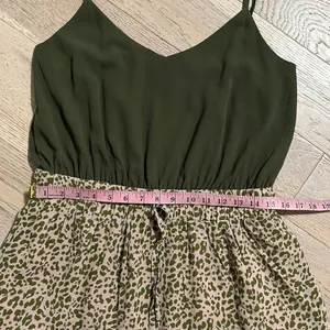 Olive Green Leopard Print Ruffle Hem Mini Dress Empire Waist Large thumbnail 7