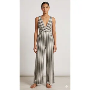 Amanda Uprichard Jumpsuit Women Large Grey Stripe V-Neck Wide‎ Leg Sleeveless thumbnail 2