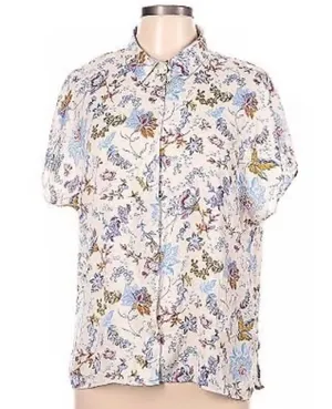 Joie Cream and Blue Floral Blouse Medium Button Down Satin Top thumbnail 2