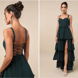 LULU's Sexy Prom Special Event Wedding Flowy Chiffon Corset Tie Back Maxi Gown thumbnail 2