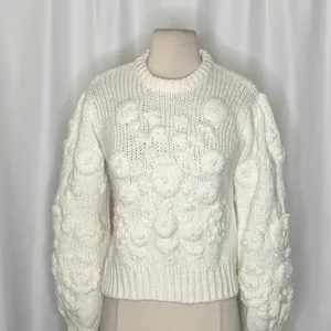 ZARA White Floral Embroidered Puff Sleeve Knit Sweater Blogger Favorite Small thumbnail 3