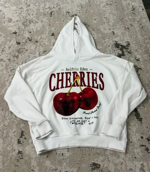 Aelfric Eden white hoodie with red cherries graphic and text size small thumbnail 1