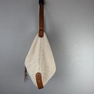Lucky Brand Ivory Cotton‎ Crochet Leather Trim Boho Hobo Shoulder Bag Purse Tote thumbnail 3