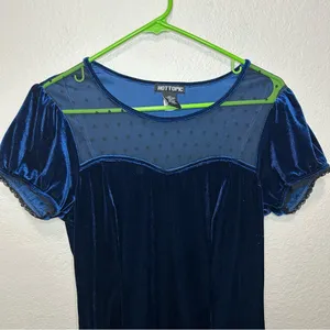 Hot Topic Blue Velvet Sweetheart Dress Whimsigoth Mesh Lace Puff Sleeve Mini M thumbnail 2