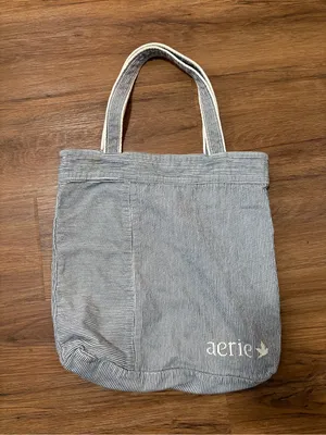 Aerie Striped Canvas Tote Bag Blue White Pocket Casual Beach Shopping Bag thumbnail 2