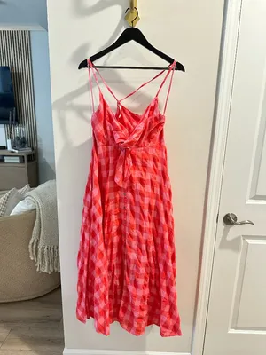 FREE PEOPLE Via Gingham Cotton Seersucker Sundress Red Combo Everly Small NWT thumbnail 4