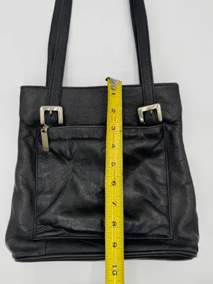 Mila Paoli Genuine Leather Black Tote Shoulder Bag Front Zip Pocket EUC thumbnail 9