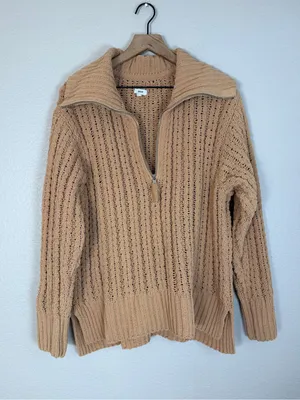 Aerie Cable Car Knit Quarter Zip Pullover Sweater Warm Camel size Medium $98 thumbnail 9