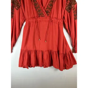 Free People Beaded Boho Tunic Dress Burnt Orange Red Long Sleeve L‎ Peasant Folk thumbnail 8