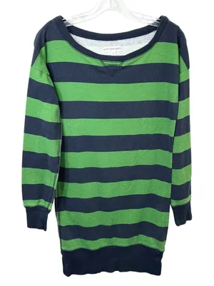 Aeropostale Small Tunic Sweatshirt VTG Y2K Green Navy Blue Striped Boat Neck 913 thumbnail 1