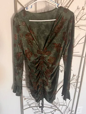 Olive and brown flower scrunch Bodycon dress thumbnail 1