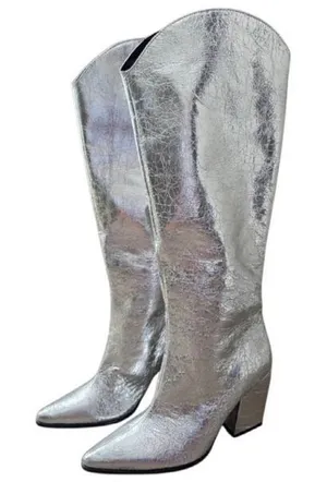 Steve Madden Metallic Silver Crinkled Knee High Block Heel Pointed Toe Boots 6.5 thumbnail 1