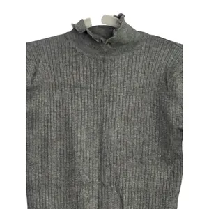 ZARA Ruffled Mock Neck Ruffle Longsleeve Rib Knit Stretch Cotton Sweater M Grey thumbnail 3