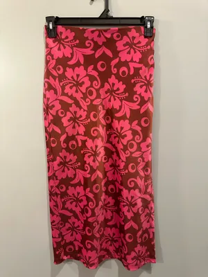 Urban Outfitters Pink and Brown Patterned Satin Slip Midi Skirt with Slit thumbnail 5