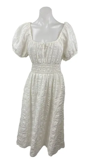 Madewell Sophia White Short Puff Sleeve Seersucker Check A Line Midi Dress Sz M thumbnail 1