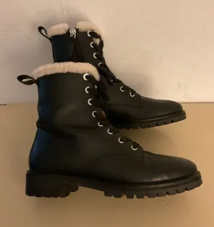 kate spade women Black leather faux fur Jemma platform combat heel boots US 7.5 thumbnail 1