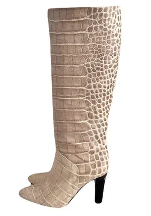 Karen Millen Ivory Croc Embossed Leather Heeled Knee High Boots, Size 38 thumbnail 4