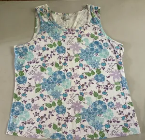 Basic Editions White Tank with Blue, Purple & Green Floral Print thumbnail 1