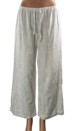 Peppermayo Women's White Drawstring High Rise Embroidered Wide Leg Pants Size 4 thumbnail 1