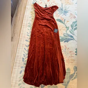 Lulus Coveted Confidence Rust Orange Velvet Asymmetrical Maxi Dress thumbnail 4