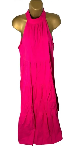 TCEC Tiered Halter Maxi Dress High Neck Sleeveless Hot Pink Small thumbnail 1