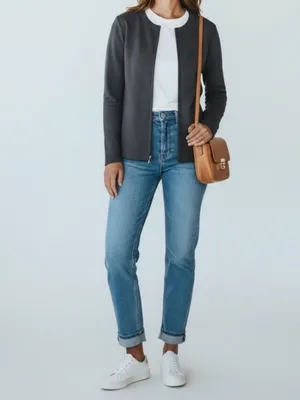 Lands End gray Cotten blend Zip Crew Cardigan loungewear basic minimalist active thumbnail 3