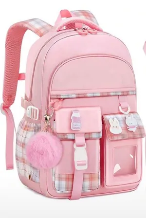 Girls Pink Plaid Multi-Pocket School Backpack with Pom-Pom Charm thumbnail 2