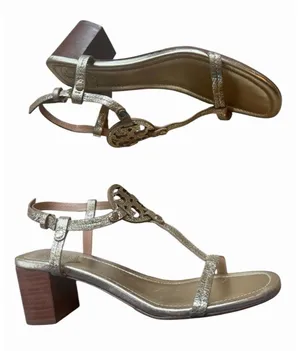 Tory Burch Gold Metallic T-Strap Wood Block Heel Sandals Logo Leather 8 Designer thumbnail 1