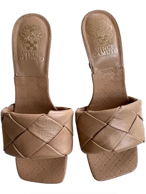 Like New Vince Camuto Leather Brelanie Woven Heeled Sandals Tan Size 5.5 thumbnail 4