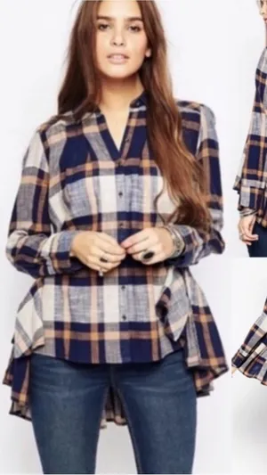 Free People Womens Size Med Peppy in Plaid Button Up Blouse Top Ruffle OB412734 thumbnail 1