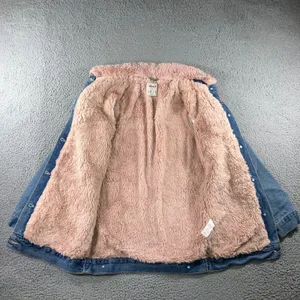 Y2K Longline Denim Jacket Women 4 Pink Faux Fur Collar Fleece Lined Boyfriend thumbnail 2