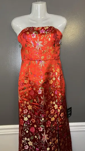Lulus Dress Womens Medium Red Floral Jacquard Strapless Sheath Maxi Side Slit thumbnail 1
