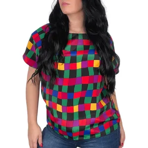 Impressions 1980s Vintage Rainbow Checkered Short Sleeve Blouse Retro Medium thumbnail 2