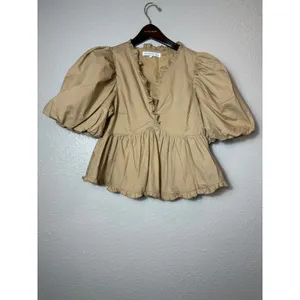 Endless Rose Puff Sleeve Peplum Top Tan Ruffle V-Neck Cotton Size S JJ1080T thumbnail 2