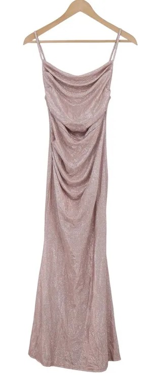 OohNeed Maxi Dress Womens M Cowl Neck Ruched Rose Gold Metallic Shimmer NEW thumbnail 1