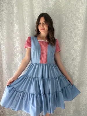 Vintage Handmade Blue Red Gingham Prairie Dress Cottagecore Puff Sleeve thumbnail 3