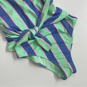 Fabletics Swimsuit Leotard Striped Tie Front Back Scoop Back Green Blue Pink thumbnail 4
