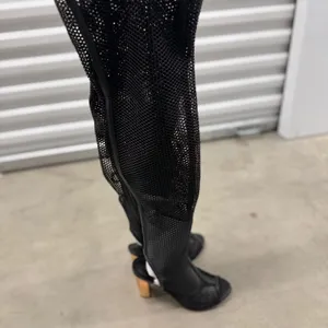 Bamboo Spotlight Black Mesh Over The Knee Boots Gold Block Heel Peep Toe Size 9 thumbnail 3