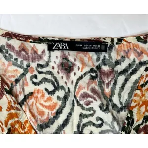 Zara AOP Ikat Print Tiered Elastic Waist Dress Tan Green Tribal MEDIUM Boho Chic thumbnail 5