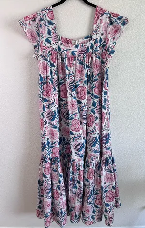 NWT Livro Women's Floral Print Tiered Maxi Dress Flutter Sleeves Pink Blue thumbnail 1