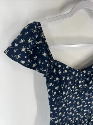 Hollister Navy Floral Puff-Sleeve‎ Midi Dress with Side Slit thumbnail 4