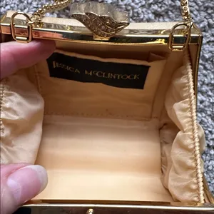 Jessica McClintock GUC gold satin evening bag. Long removable crossbody chain. thumbnail 8