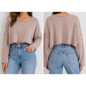 Free Est Free People Pink Raw Hem Cropped Sweatshirt Pullover Medium thumbnail 2