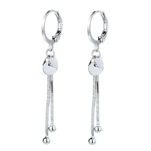 925 Silver Plated Round Disc Tassel Dangle Drop Hoop Earrings for Women thumbnail 5
