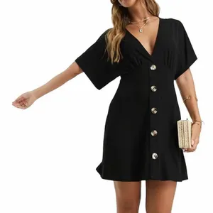 ASOS Design Womens Black Flutter Sleeve Dress Cotton Button Front Size 16 thumbnail 1