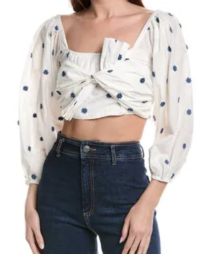 Farm Rio Top Crop Flowers white Long Sleeve thumbnail 1