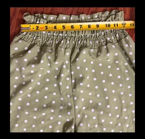 Shein Olive Green high waste Polk dot wide leg pants - Size Small with Bag. Gently warn once and excellent condition. Measurements approximately 12” waste not fully stretched out from elastic waste band x 12” rise x 43” long. None smoking home. Priced to sell at as is condition. Don’t like my price, make reasonable offer. thumbnail 5