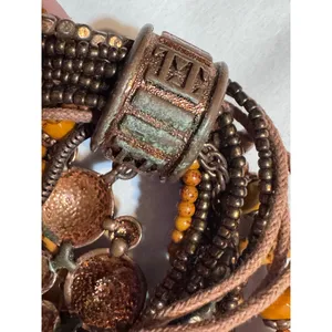 Brown Multi Strand Beaded Necklace Statement Pendant Boho Tribal 11” thumbnail 5